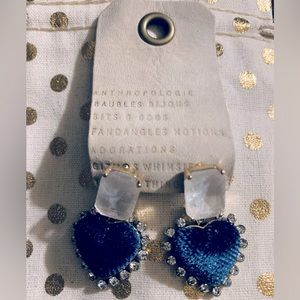 Anthropologie blue navy Velvet Heart Drop Earrings NWT